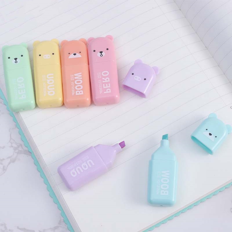 4 / 5 / 6 Pcs Pena Highlighter Mini Portable Motif Kartun Beruang Untuk Sekolah / Kantor