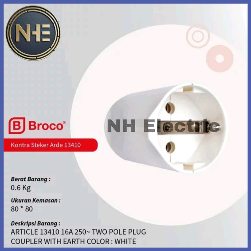 Contra Steker Arde Bulat 13410 White Broco Two Pole Plug Coupler With Earth Broco