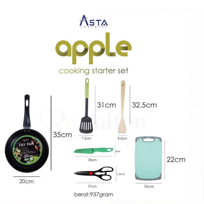 Asta Apple Royalton Panci Frypan 20 CM Spatula Nylon Kayu Gunting Buah Pisau Talenan telenan Set