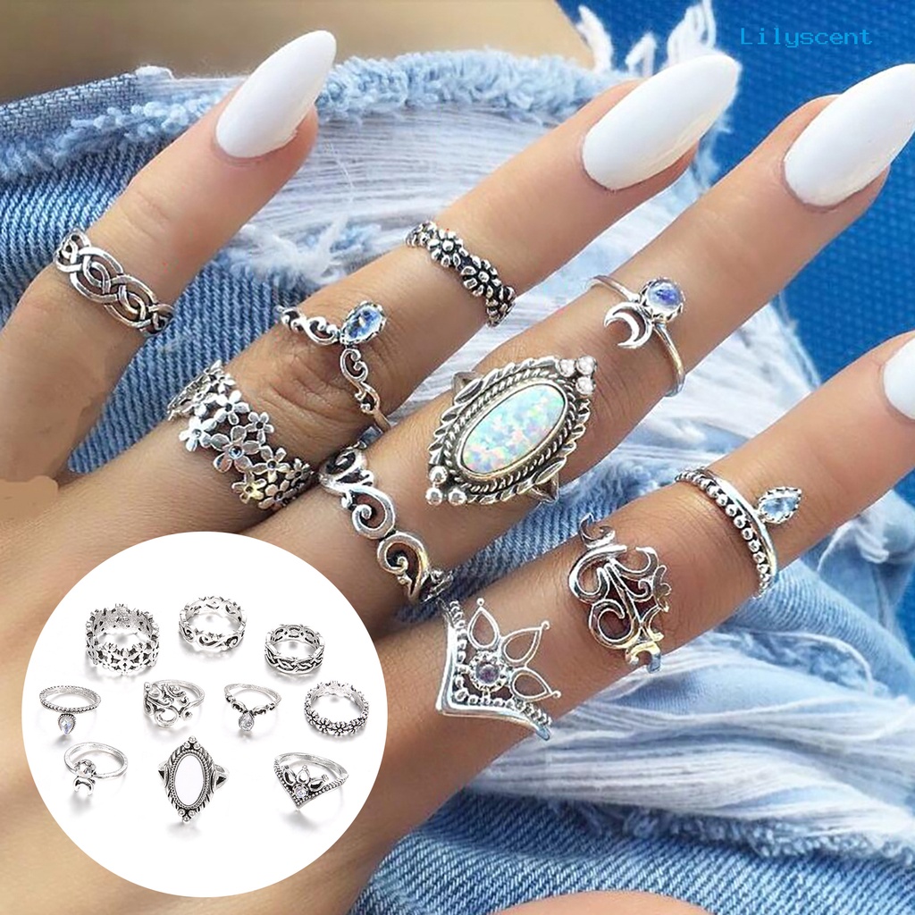 10pcs Cincin Knuckle Desain Bulan Hollow Out Stackable Gaya Bohemian Untuk Wanita