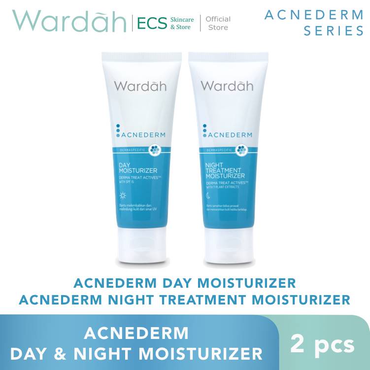 (Dapat 2 Pcs) Paket Wardah Acnederm Day + Night CREAM Moisturizer Untuk Jerawat (Krim Siang 40 ml + Krim Malam 40 ml) dengan SPF15 dan BHA Salycilic Acid - Skincare Obat Untuk Kulit Wajah Berjerawat BPOM