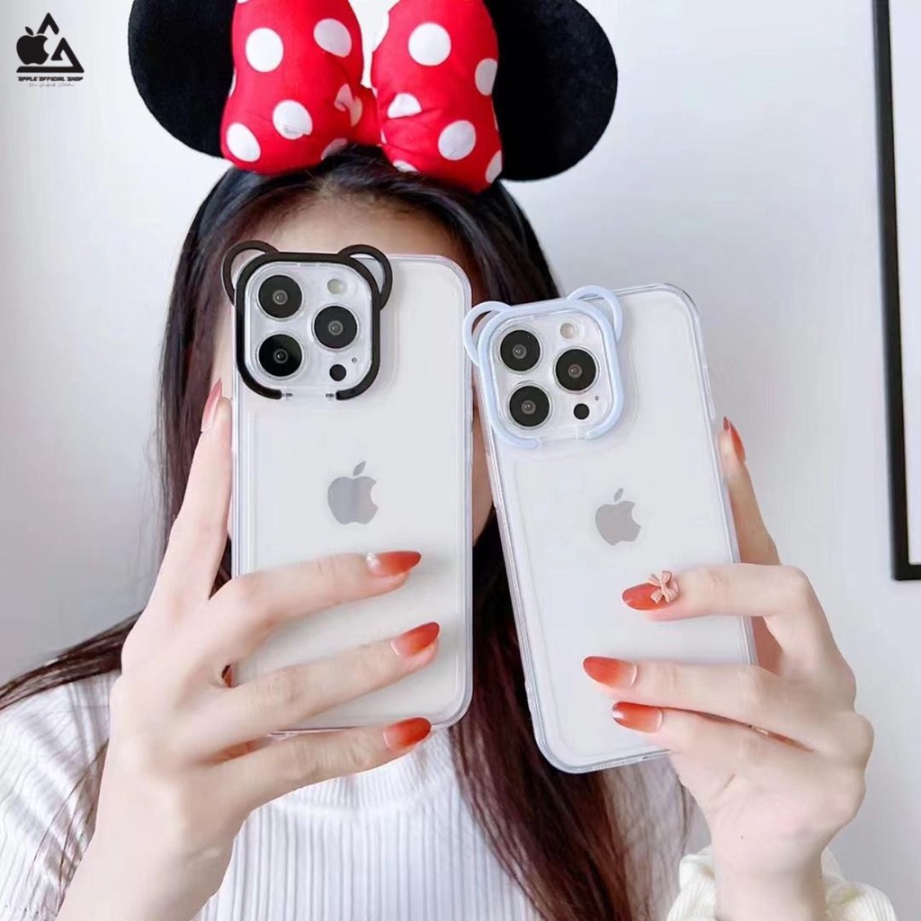 Softcase Lucu 3D Ear Frame Standing iPhone 13 PRO MAX 12 PRO MAX 11 PRO MAX XR X XS MAX 7 7+ 8 8+ SE 2 3 6 6+ Soft Clear Case Ear Bear Frame Camera Stand Bening SILIKON Kamera Protection