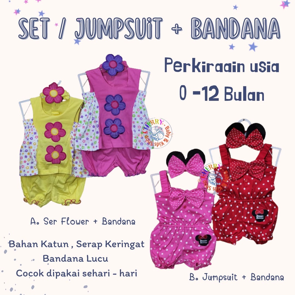 Setelan Jumpsuit Bandana 0-12M Setelan Bunga Jumpsuit Bandana Bayi Set Bayi Fashion Murah Katun AM CBKS