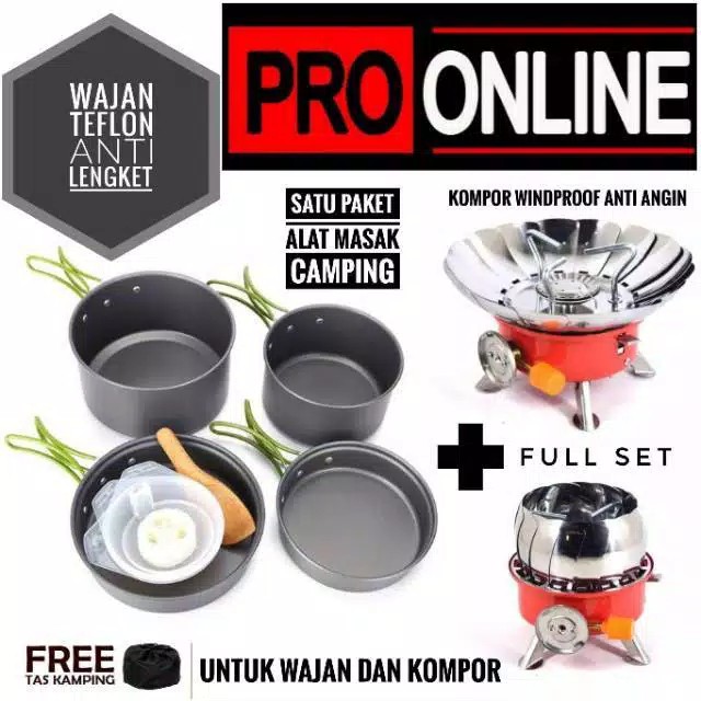 Paket Alat Masak Komplit 4 wajan Kompor Winproof Cooking Set DS301 &amp; Stove K203 Camping Outdoor