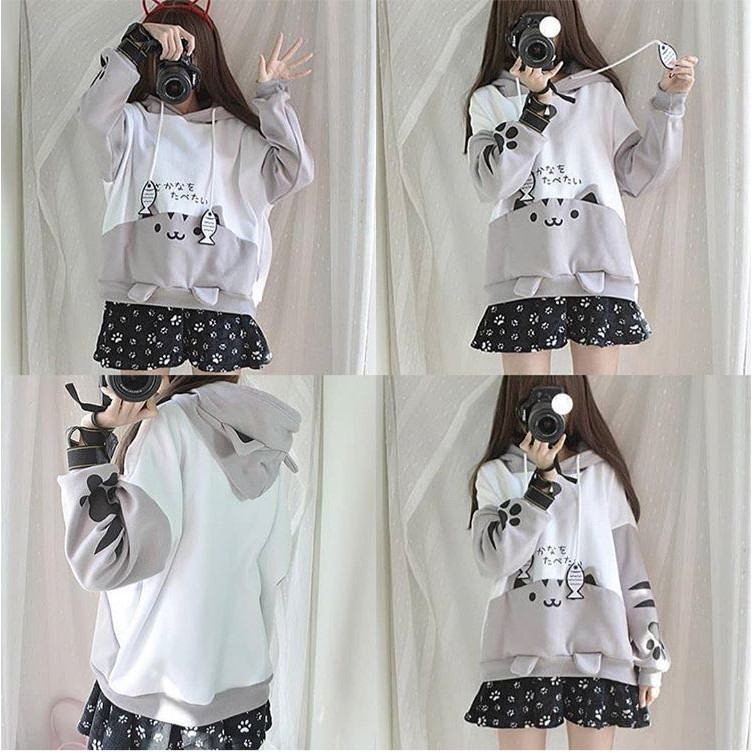 Japan Fish Cat Sweater Kawaii Putih