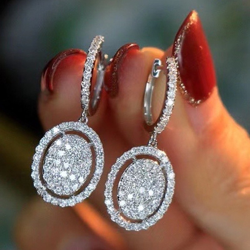 Anting Juntai Bentuk Oval Cubic Zirconia Kristal Bling Untuk Wanita