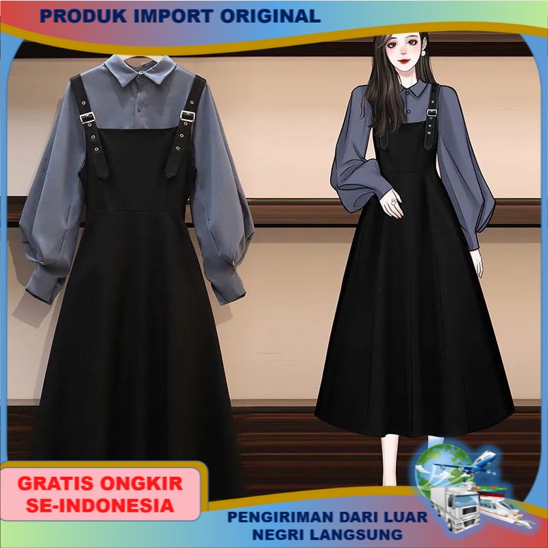 Dress Korea Lengan Panjang Kemeja Wanita Retro Hitam Tali Ikat Bahu Gaun Perempuan Temperamen Tampak