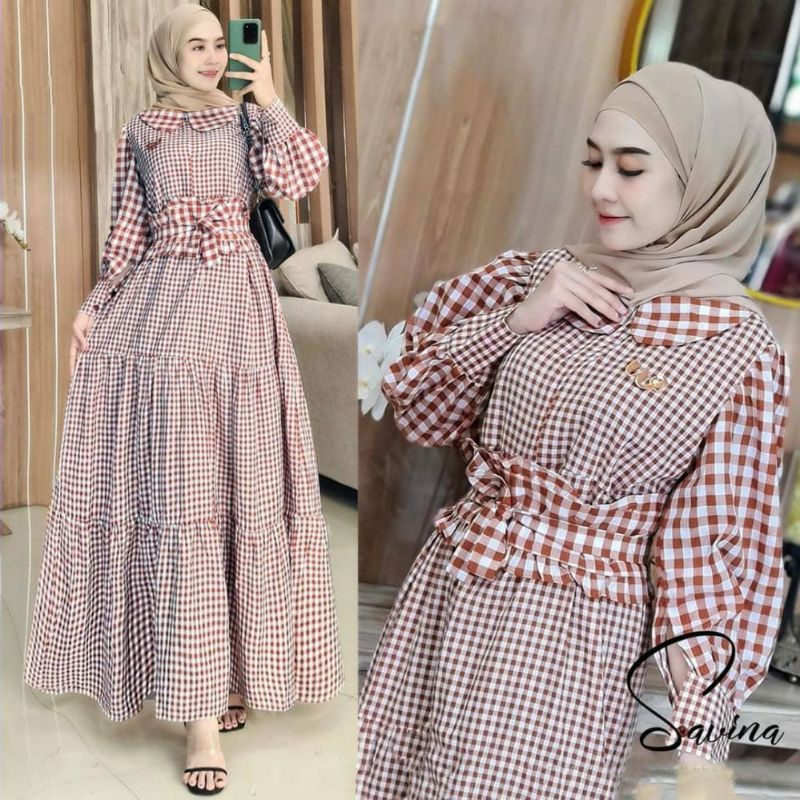 Gamis Kotak wanita/baju wanita motip kotak/Gamis wanita terbaru/gamis wanita kekinian 2021/savina ma
