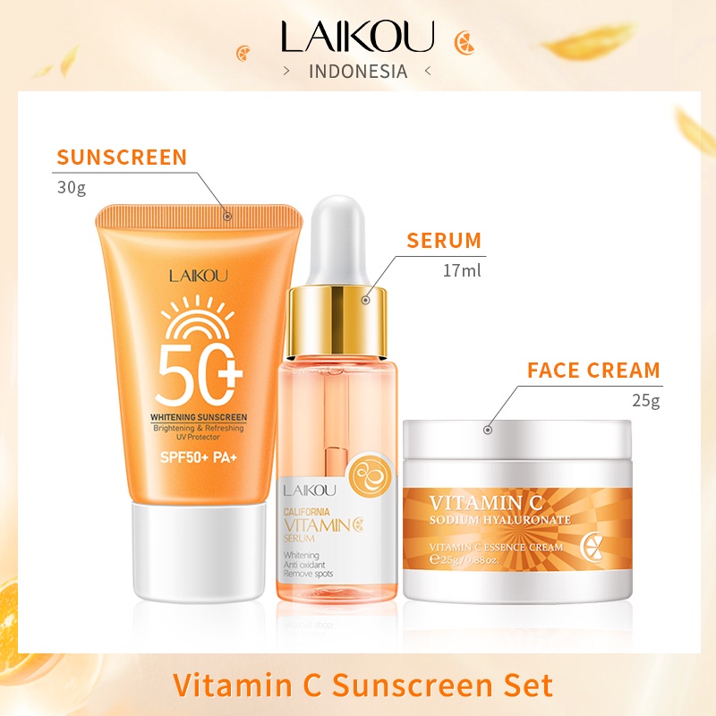 LAIKOU Vitamin C Sunscreen Serum Set Foaming Facial Wash Krim Mengurangi Oksidasi SPF50