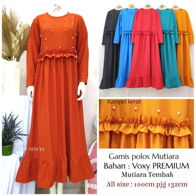 Gamis Polos Rampel Taburan Mutiara Model Kerut Dada (Real Pic) ld 100