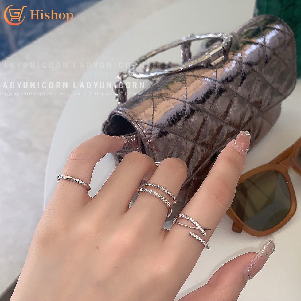 Set Cincin Model Terbuka Desain Silang Aksen Kristal Warna Silver Untuk Wanita