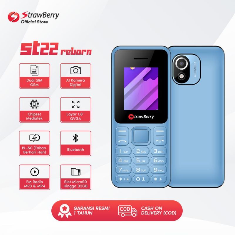 STRAWBERRY ST22 REBORN - HP CANDYBAR 1.8 INCH GARANSI RESMI MURAH