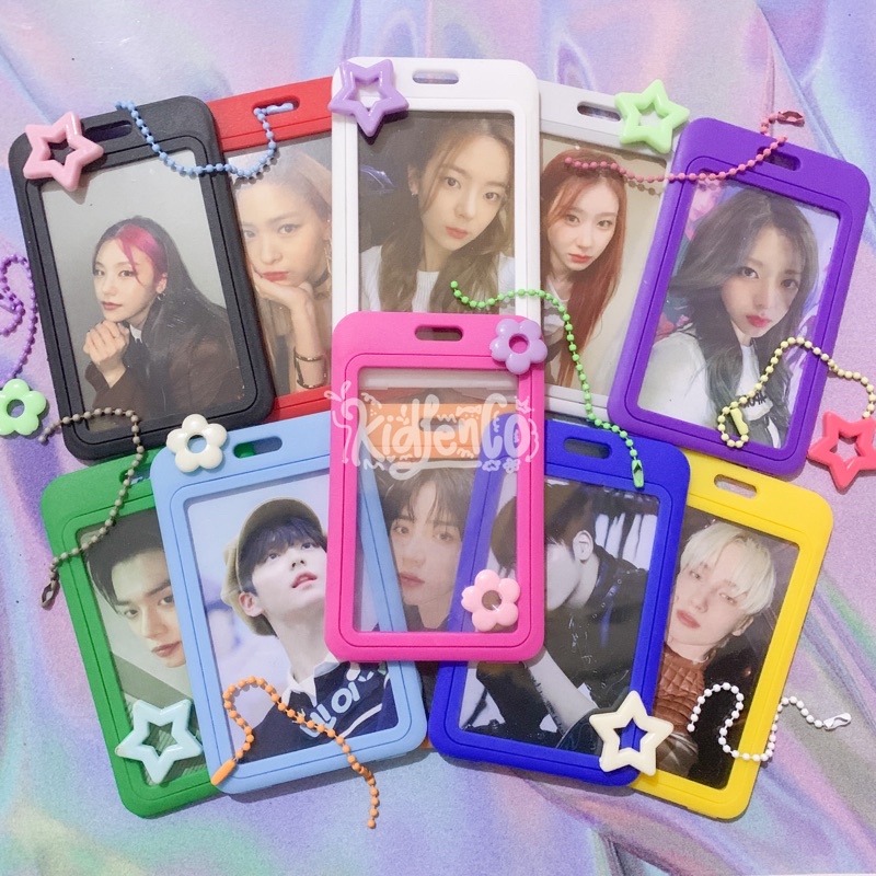 photocard holder 2 sisi bolak balik transparan ♡ case id card pc kartu kpop warna pastel soft ♡ rantai ballchain manik bunga bintang ♡ hitam abu putih kuning oren orange merah biru pink hijau