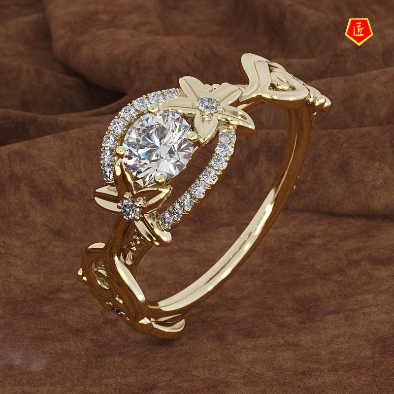 [Ready Stock]Fashion Personality 18K Gold Flower Moissanite Ring