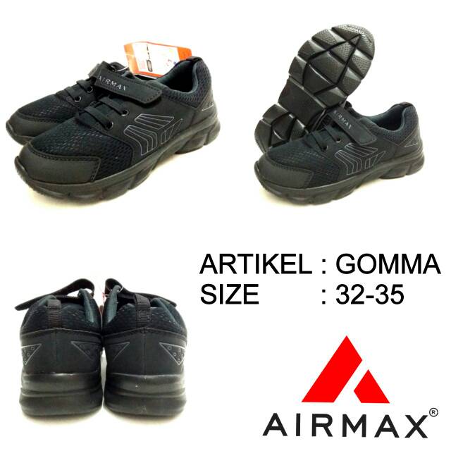 SEPATU SEKOLAH ANAK TK UNISEX ALL BLACK AIRMAX GOMMA 32-35 TERBARU