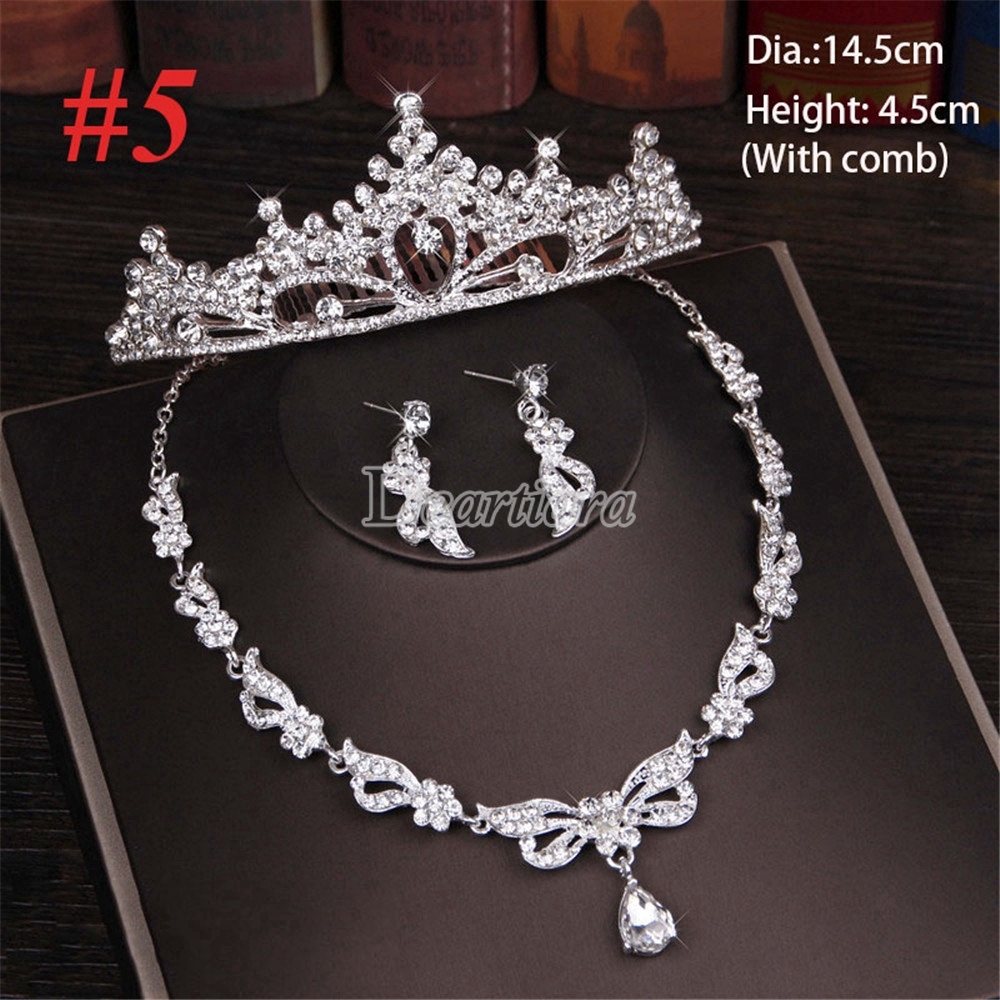 Mahkota Pernikahan Tiara Anting Kalung Set, Perhiasan Pernikahan, Tiga Potong