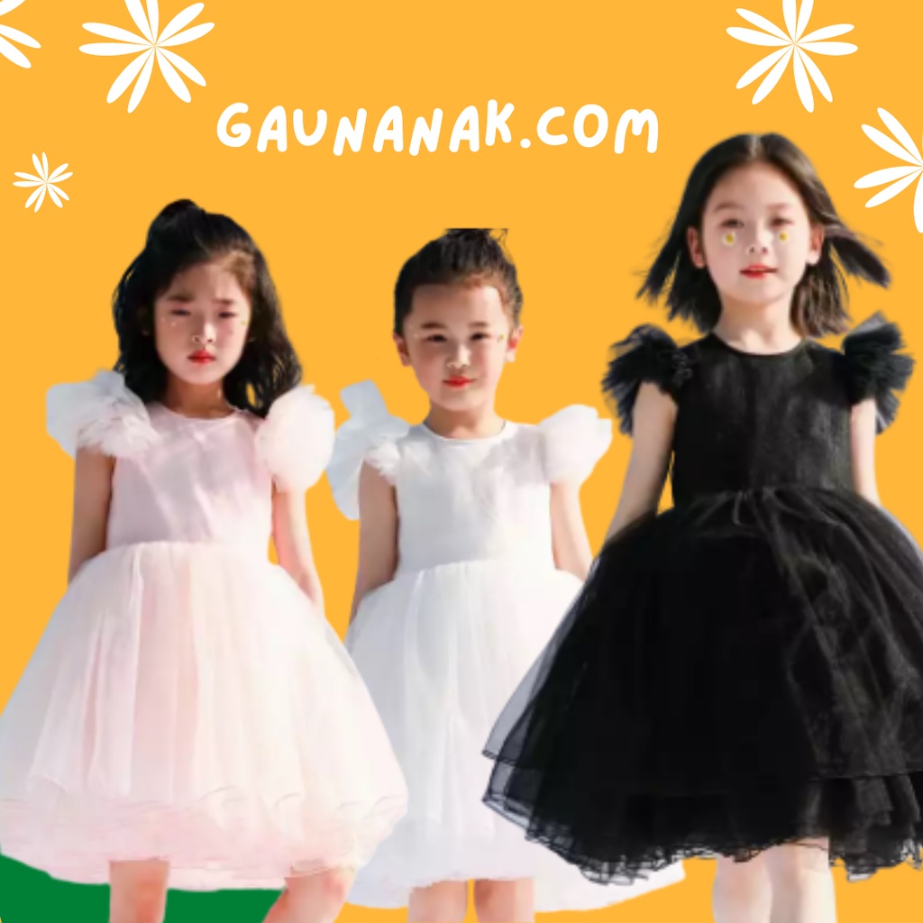 Gaun anak -  pakaian anak anak selutut putih hitam lengan tulle putri cantik gadis gaun untuk pesta