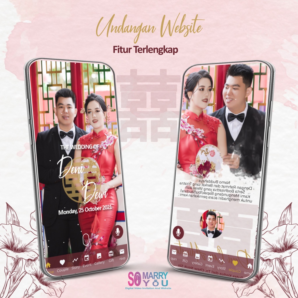 Promo Undangan Digital Website Pernikahan Tionghoa Web Invitation Online  Soft Red Floral Chinese Ma