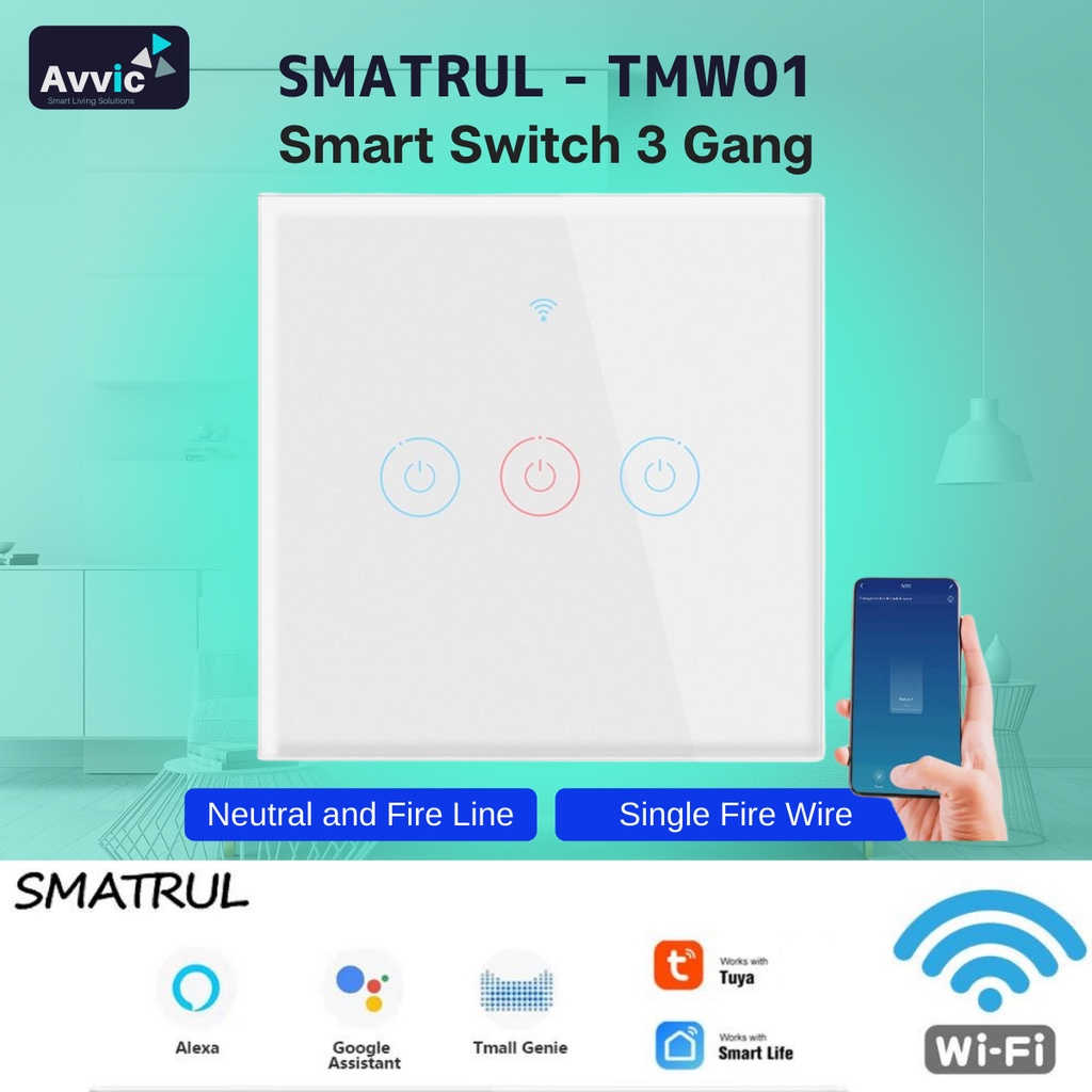 SMATRUL Smart Wall Switch WiFi - 3 Gang Saklar Pintar Sentuh No Netral