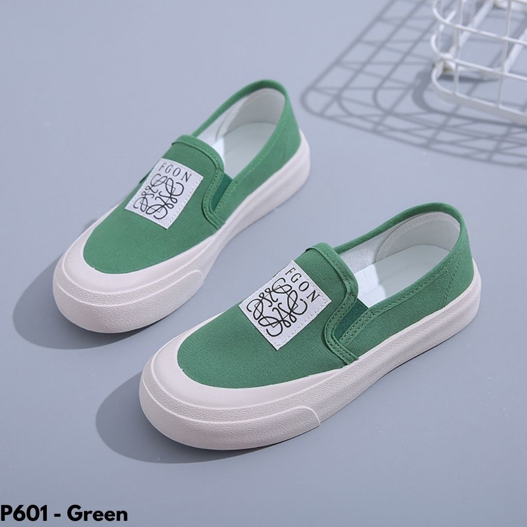 SEPATU SNEAKERS WANITA SLOP TANPA TALI KANVAS SOLE KARET NYAMAN REMAJA DEWASA KERJA NGANTOR P601-Green