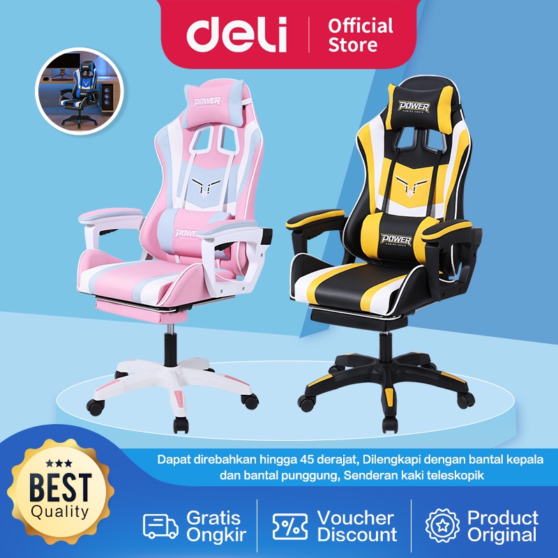 Deli Gaming Chair / Kursi Gaming Kualitas Premium Double Pillow Sandaran Kaki Teleskopik E4927