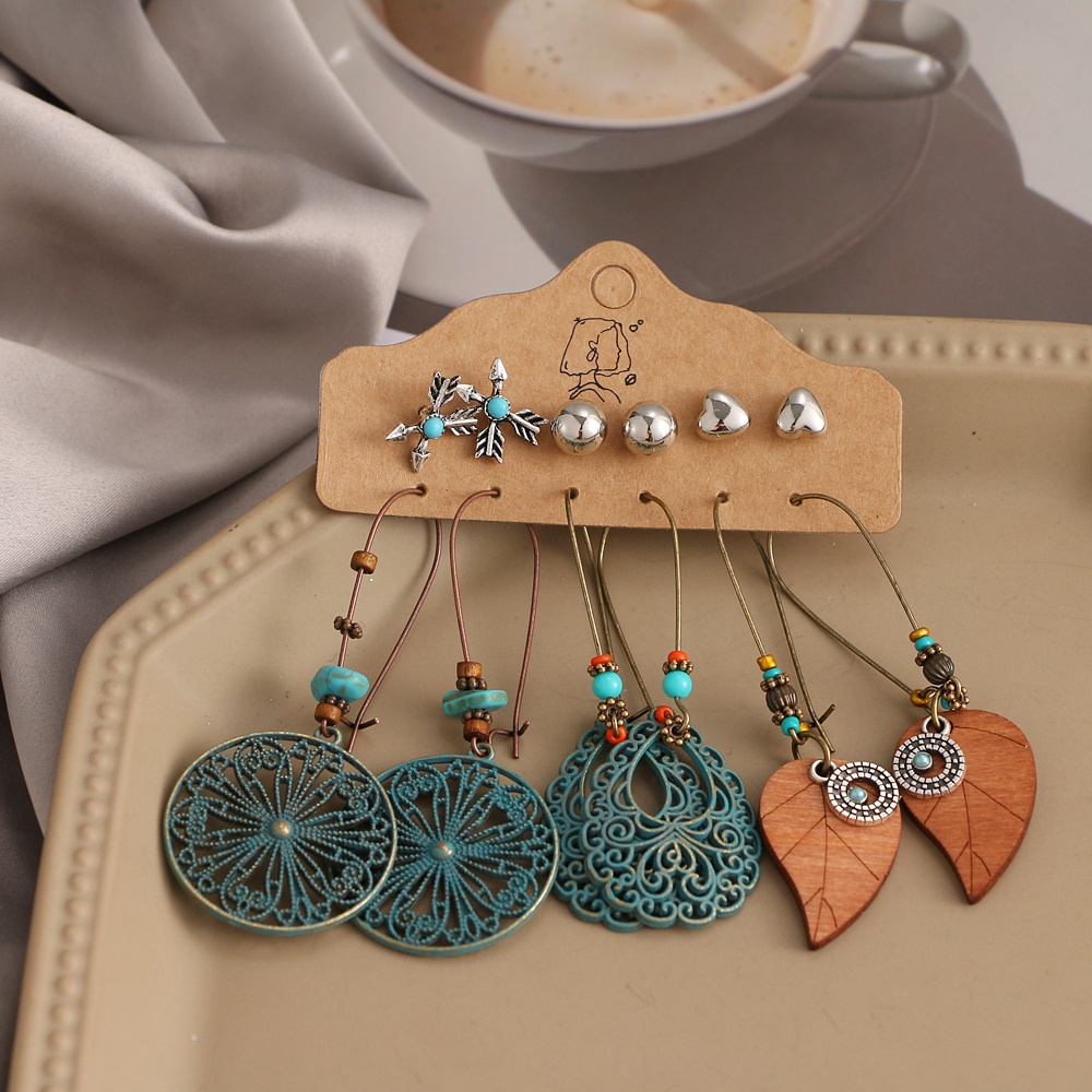 12pcs Set  Bohemian Earrings Set Ethnic Ladies Feather Sun and Moon Pendant Earrings Statement Women's Fashion Jewelry