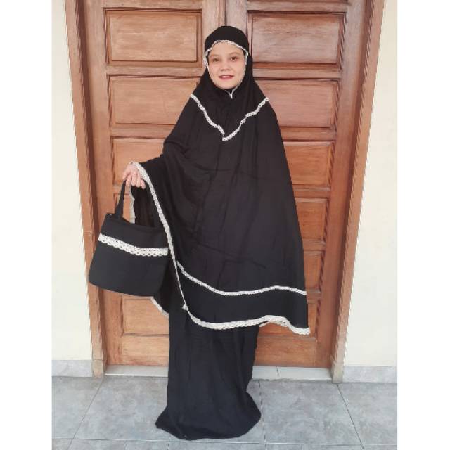 Mukena Katun Rayon Dewasa Jumbo warna hitam polos mix renda  (tali kepala karet) murah