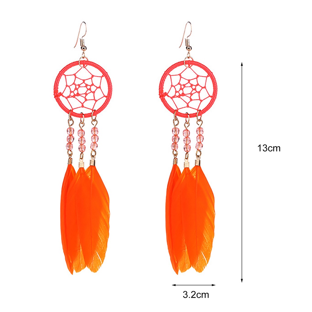 Hu Hu Hu Hu Hu Alat Bantu Pasang Kacamata♡ 1 Pasang Anting Desain Bulu Dream Catcher Hollow Out Gaya Etnik Bohemia