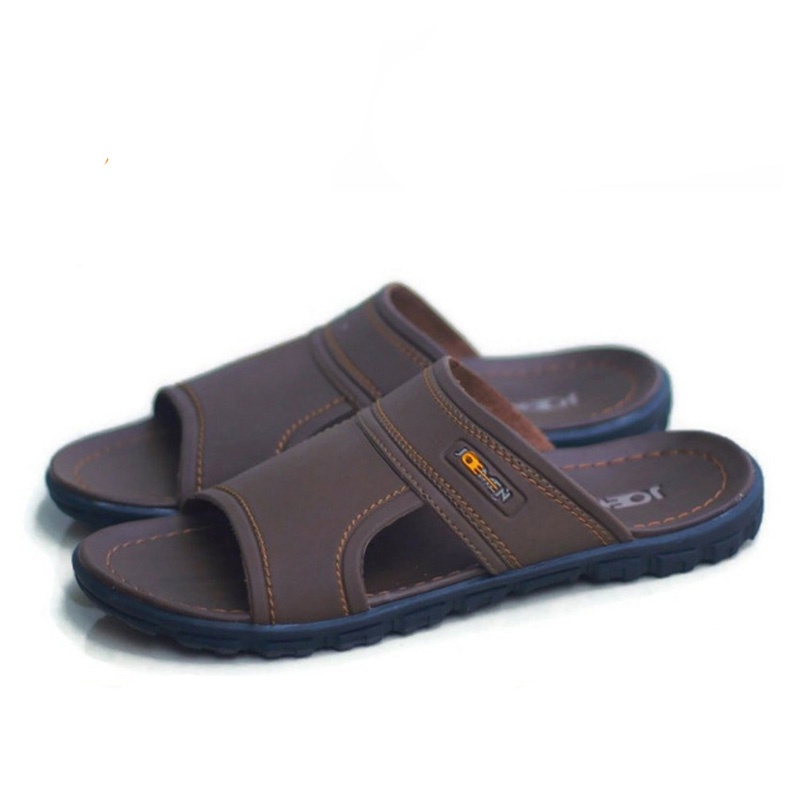 Joemen Sendal Selop Pria Kulit Original S 17 | Sendal Slide Pria Original | Sandal Slop | Slop pria-COKLAT TUA