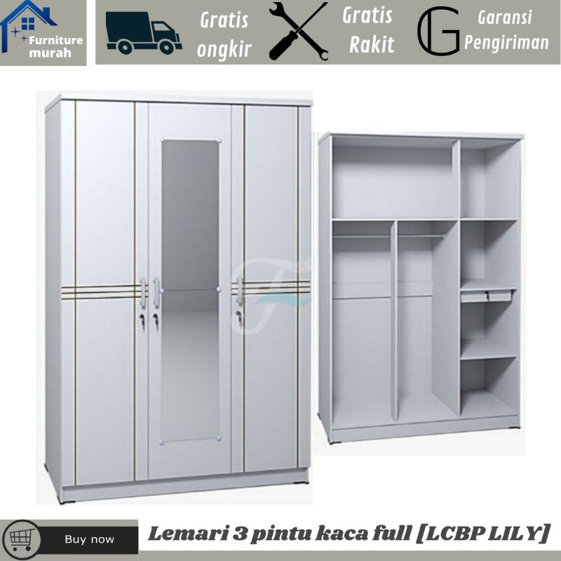 Lemari Pakaian 3 Pintu Putih Kaca Panjang Termurah Cirebon Tegal Pekalongan Bandung Subang Garut Cia