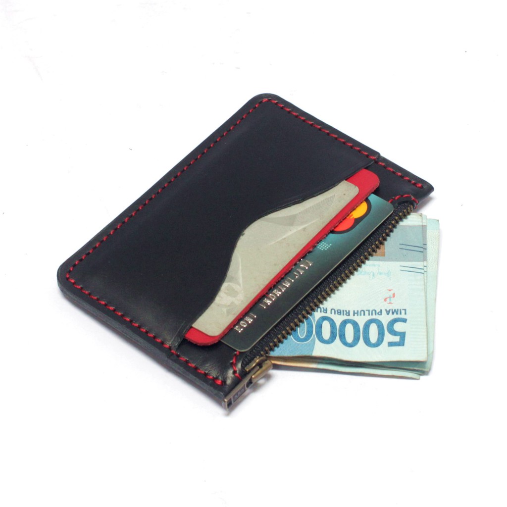 dompet kartu zipper resleting kulit asli hitam merah - PHWL689