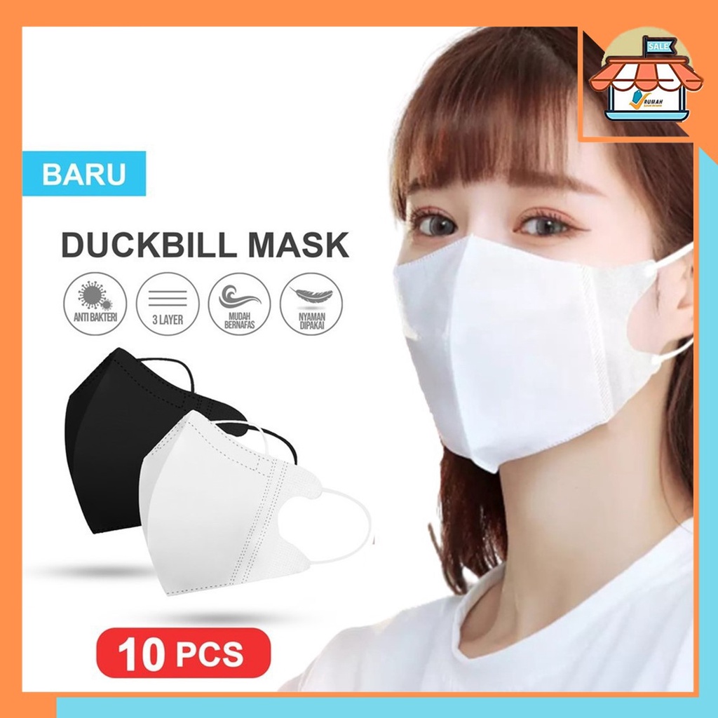 RSB VZ039 Masker Duckbill Hitam 3Ply 10Pcs Mask Earloop 3D Putih Protective Mask Duckbill Kemasan Ziplock