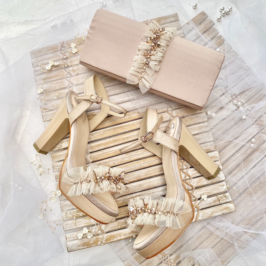Matching Set Nude Sepatu Pesta Wanita Block Heels & Tas Pesta Clutch AVEDA 3347