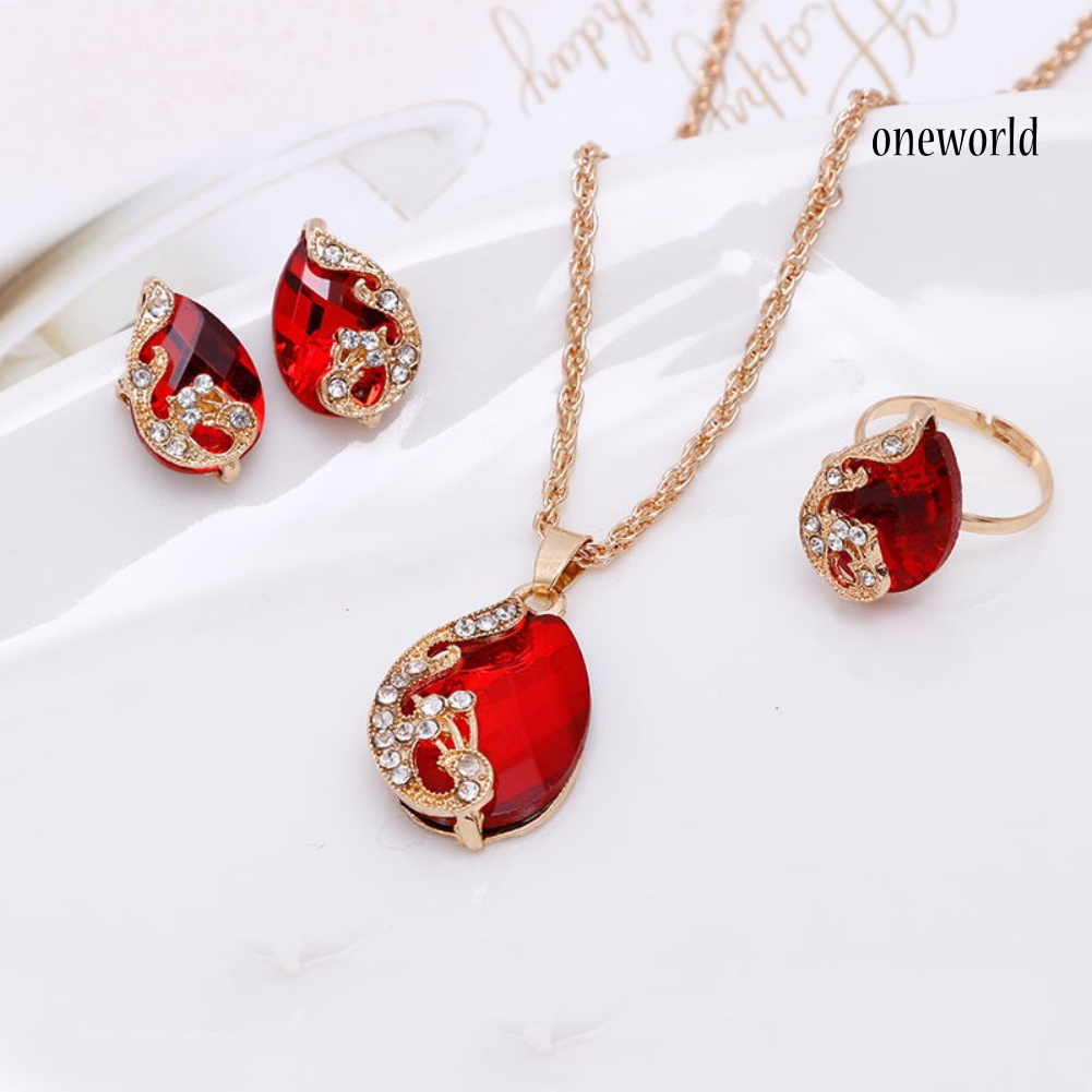 OW@ Women Jewelry Set Shiny Water-Drop Shape Rhinestone Necklace Earrings Ring Gift