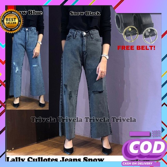 Celana Kulot Jeans Wanita Highwaist Boyfriend Hw High Waist Bf Korea D (Freebelt) - Lally Cullote J