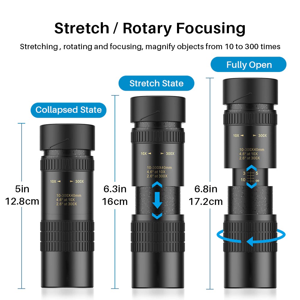 Monocular Zoom Telescope Long Range 10-300x40 - AXC44 - Black