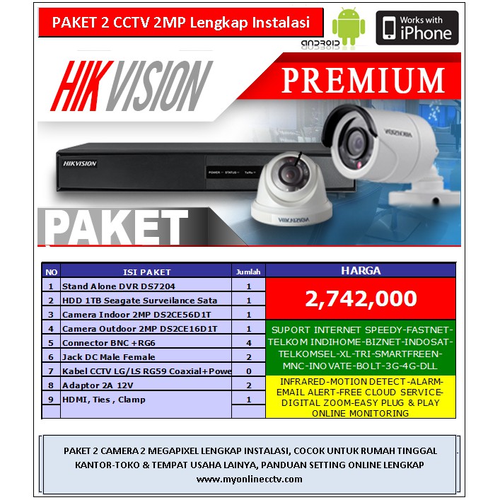 Paket 2 Kamera CCTV HDTVI Hikvision 2Megapixel Lengkap Pasang Sendiri