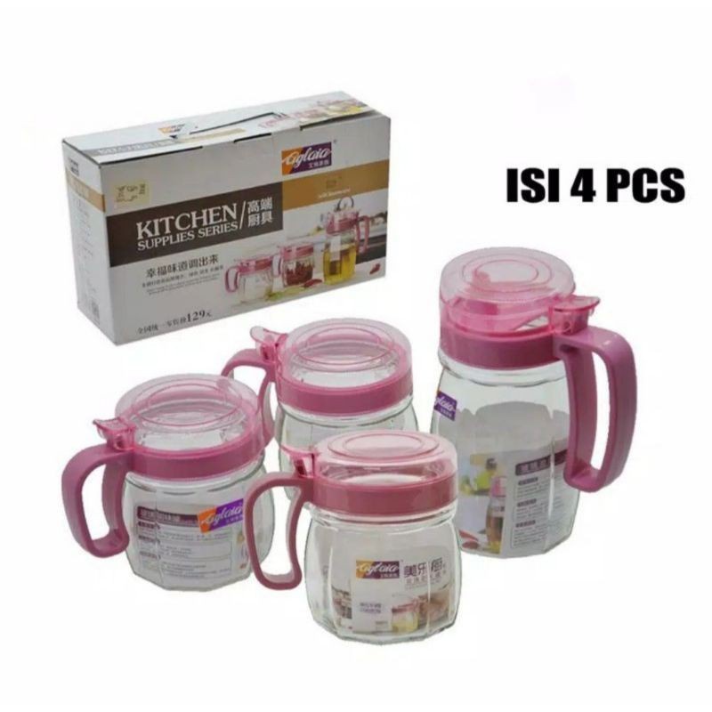 KITCHEN JAR SET ISI 4 PCS - TOPLES GARAM DAPUR TEMPAT BUMBU OIL POT SET -Tempat Penyimpanan Bumbu Dapur  / Box Penyimpanan Garam 3 in 1