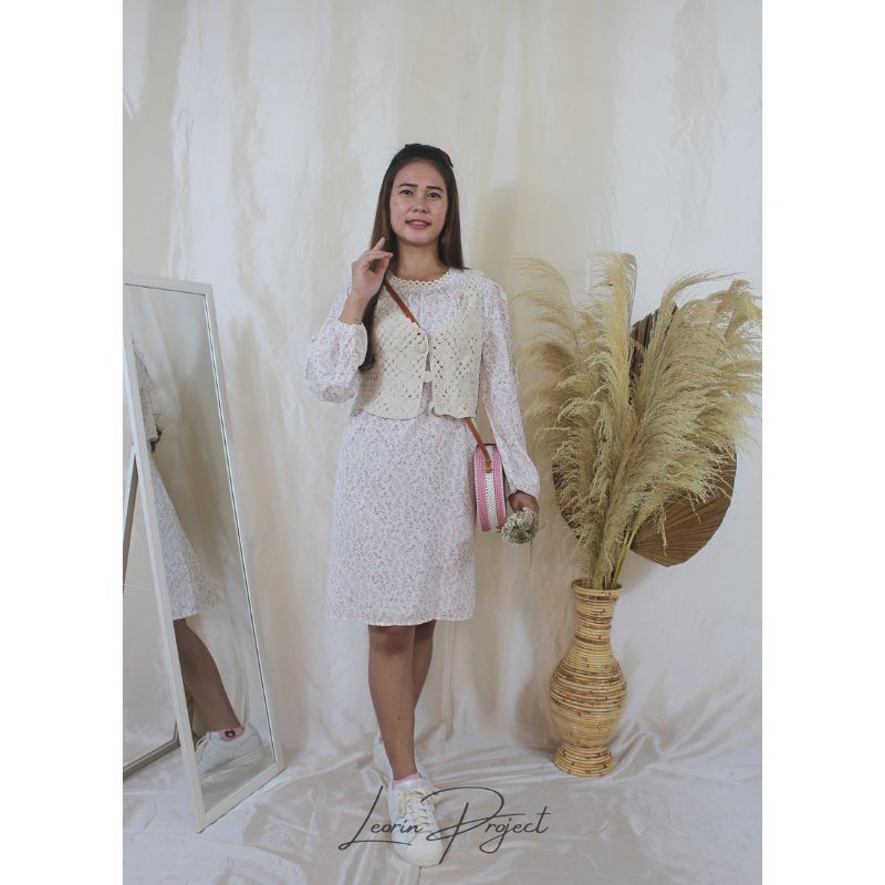 Dress Korea Modern Vintage Motif Floral Bonus Rompi Murah Tunik