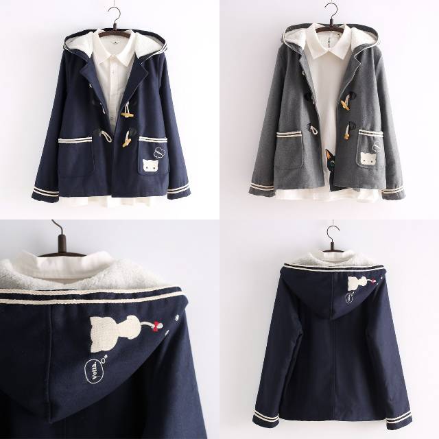 Cutie Cat Toggle Jacket Neko Cat Kucing Jaket Animal Lucu Kawaii Jepang Harajuku Hoodie Atasan Outer