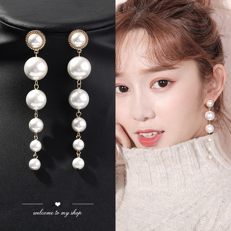 [Bayar Di Tempat] Anting Panjang  Korea Dengan Hiasan Liontin Mutiara Untuk Wanita Earring