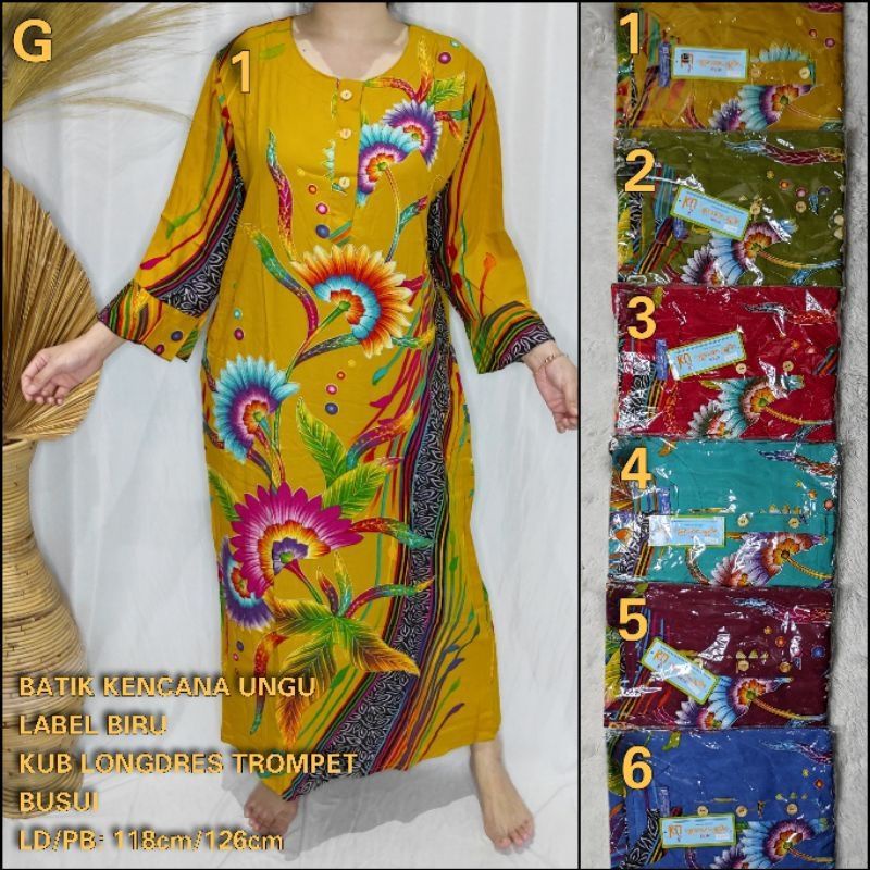 LONGDRESS TROMPET KENCANA UNGU LEBEL BIRU DASTER BATIK KENCANA UNGU LENGAN TROMPET BAJU LONGDRESS WA