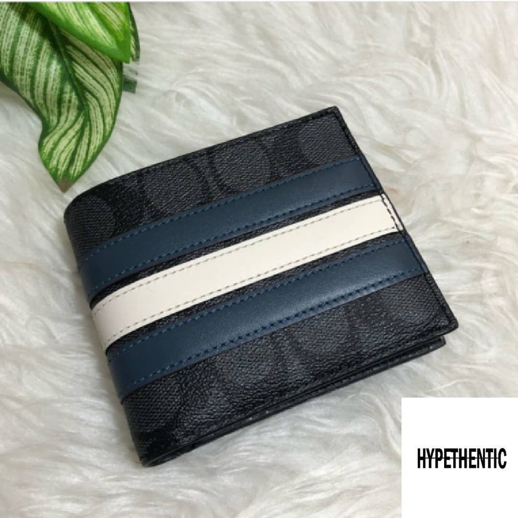 Coach Men Signature Canvas Compact ID Midnight Varsity Stripe Wallet
