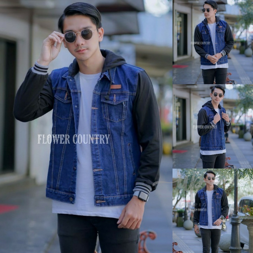 UNDERPEGO JACKET JEANS DENIM REGLAN PRIA JAKET JEANS BOY HOODIE KOMBINASI FLEECE BIG SIZE L XL XXL