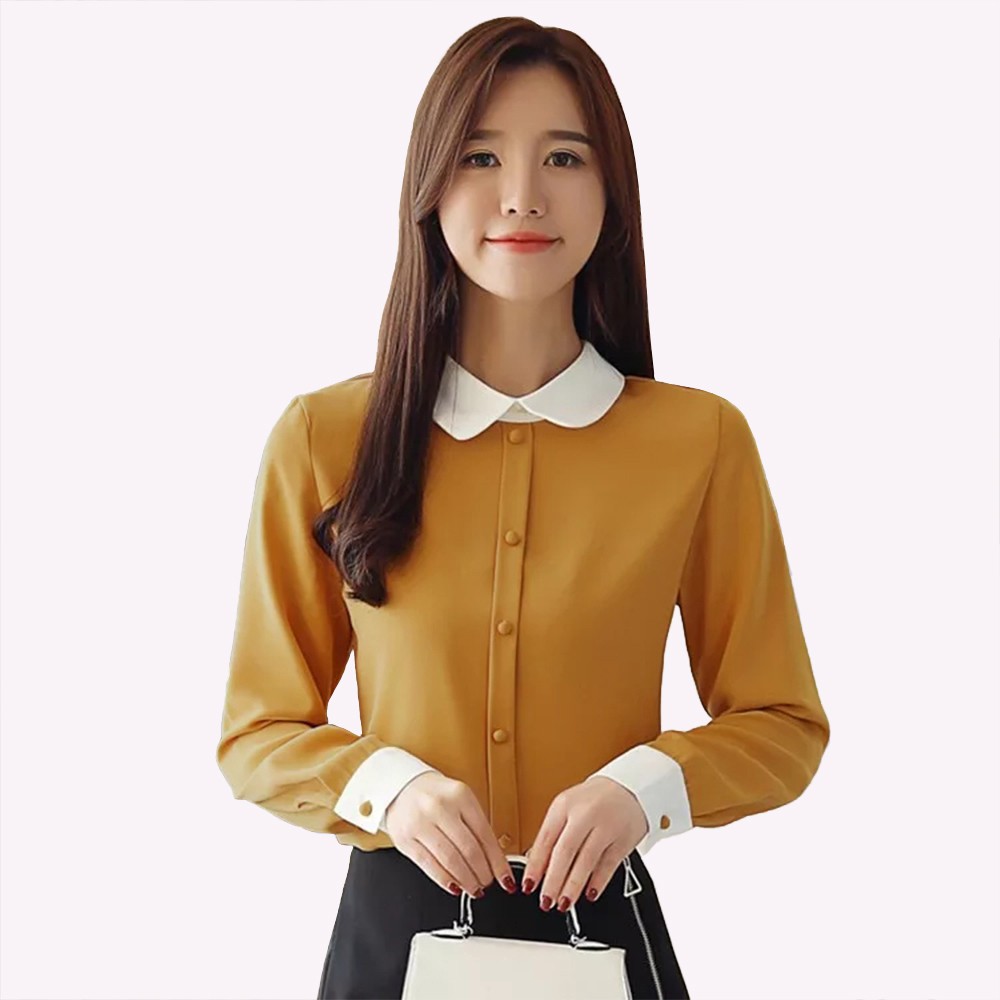 Blus Lengan panjang Gaya Korea Variasi krah dan kancing tempel - XSHOP Kimchi