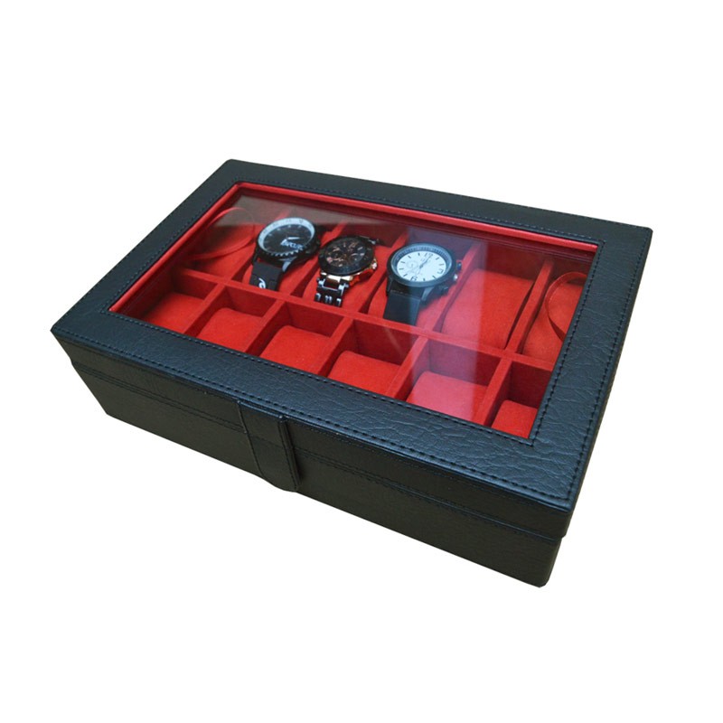 Kotak Jam / Box Jam / Tempat Penyimpanan Jam / Watch Box Oraganizer isi 12 Hitam Merah