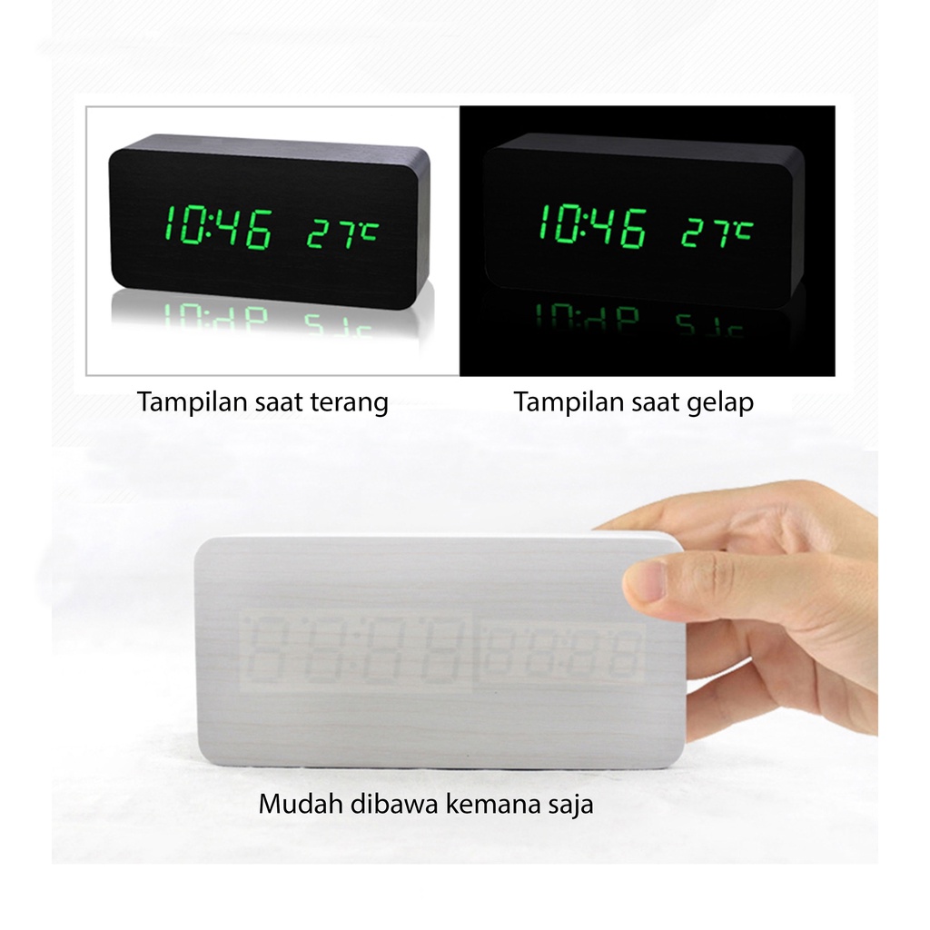 Smart Alarm Clock Motif Kayu/Wooden Table Clock Alarm Jam Meja Kayu Led Digital