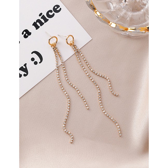 LRC Anting Tusuk Fashion Gold 925 Silver Needle Ring Rhinestone Tassel Earrings D02399