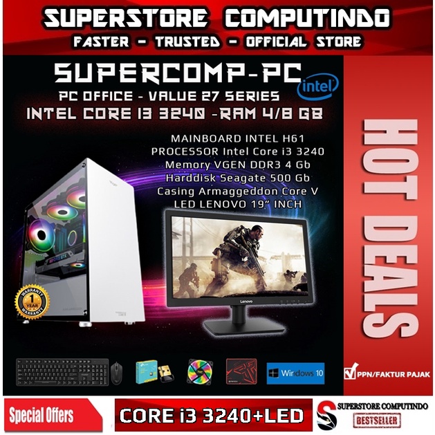 PC Rakitan Office Intel Core i3-RAM 4GB-Value 27 Series-With LED Monitor