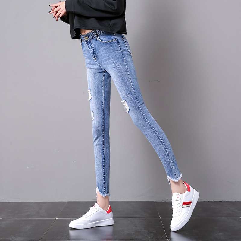 Jeans wanita 2019 musim semi dan musim panas baru lubang ketat ...
